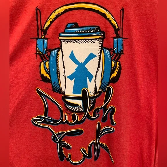 Men’s custom L Dutch Bros long sleeve red hoodie t-shirt with “Dutch Funk” logo. - Picture 3 of 10